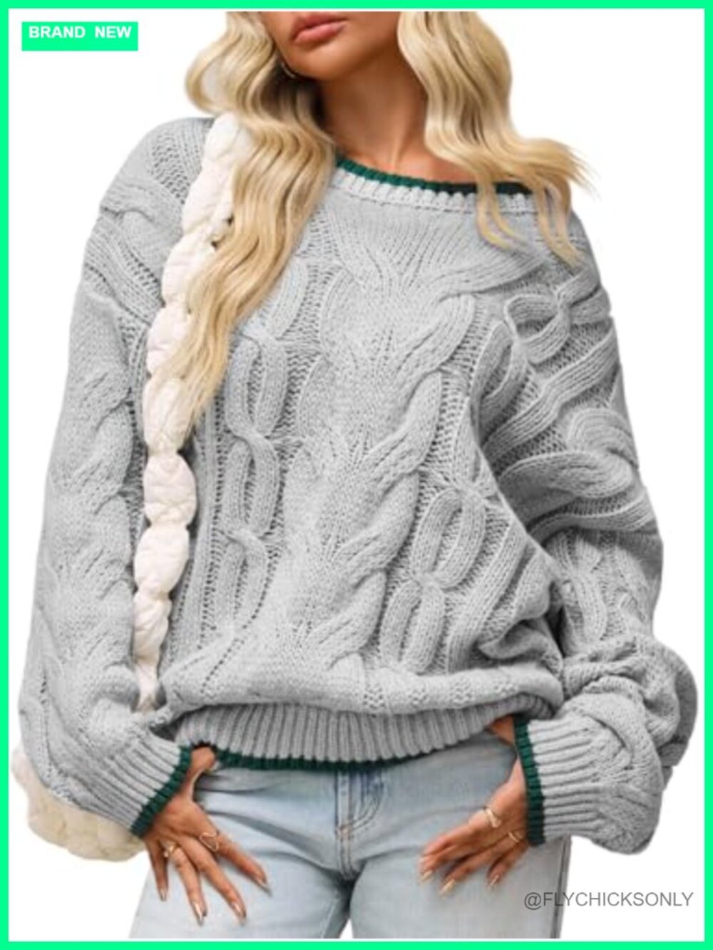 Oversized Cable Knit Crewneck Pullover Sweater Chunky Casual Fall Winter